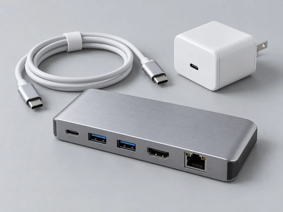 Charging accessories, adapters, cables, and USB hubs.