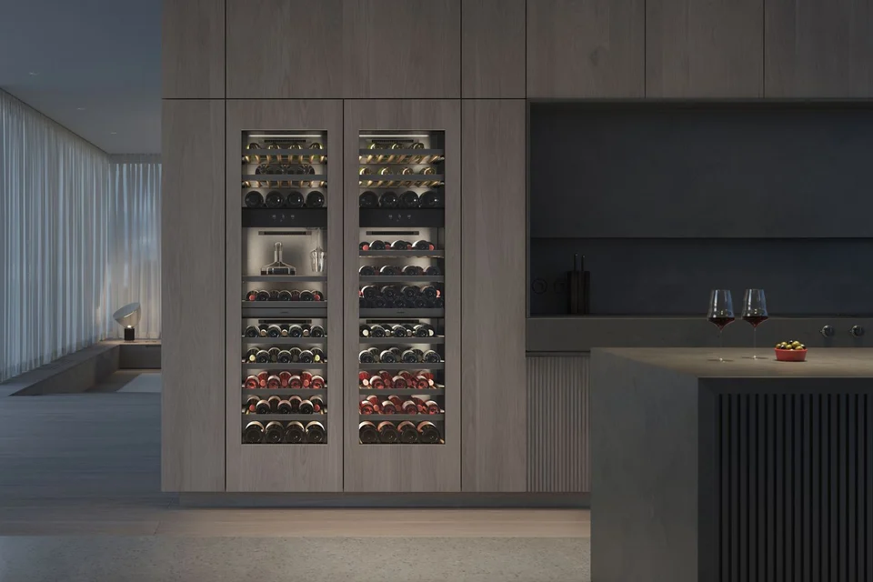 Wine climate cabinets with independent temperature zones and configurable bottle presentation.